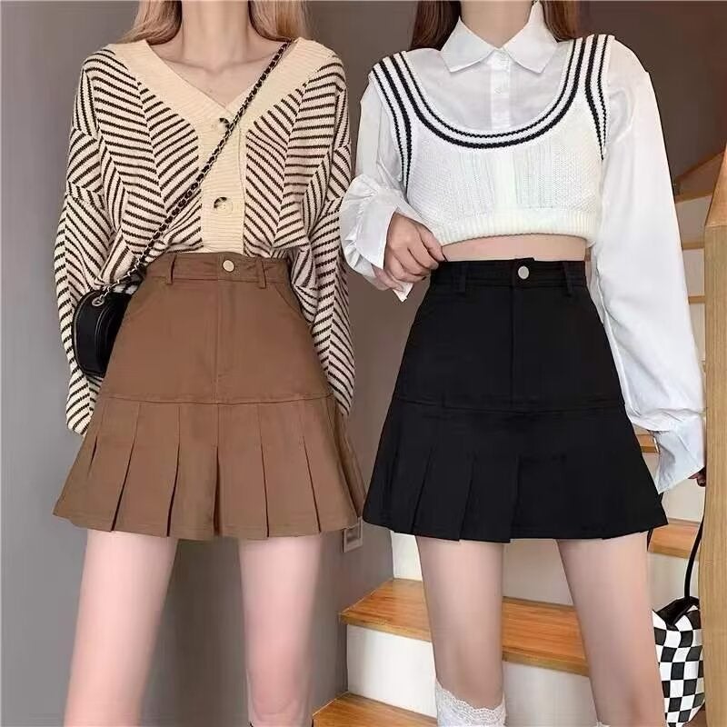 Brown Pleated Skirt Girls Denim Skirt High Waist Small Slim Versatile Short Skirt - Image 3