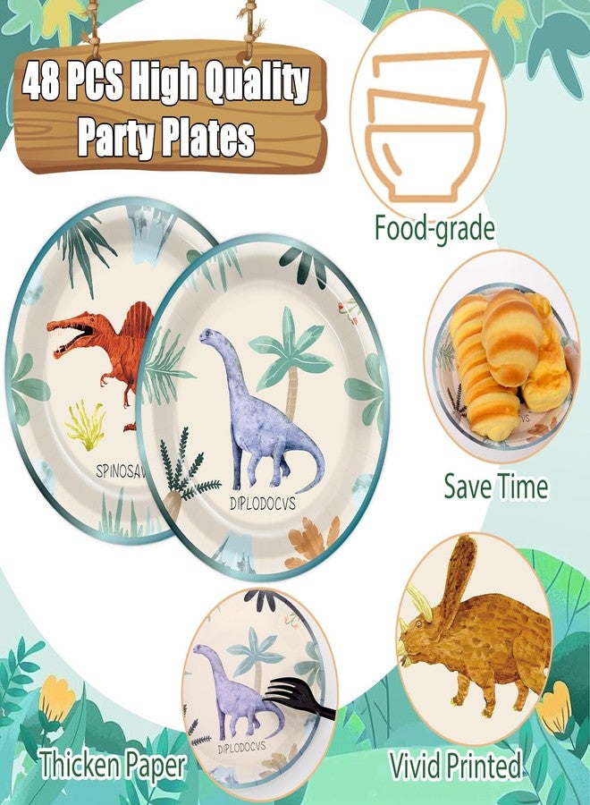 Oitnlaughter 96PCS Dinosaur Birthday Paper Plates Napkins and Forks for Kids Watercolor Dino Party Disposable Supplies Dinosaur Themed Tableware Set for Baby Shower Dino Theme Summer Party Dinnerware Decorations - Image 3