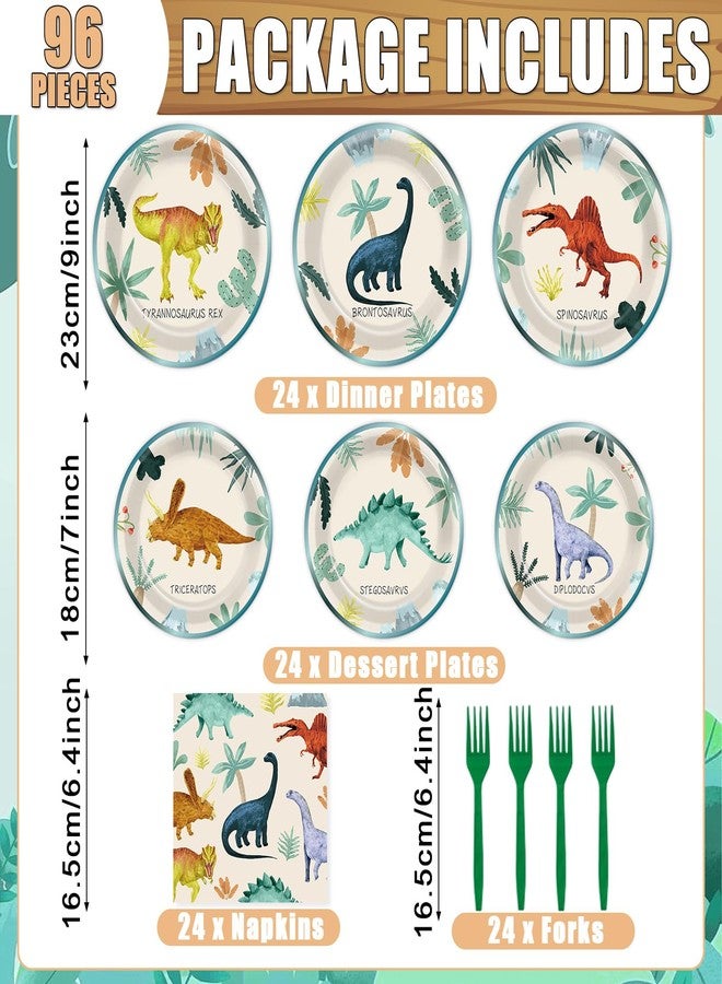 Oitnlaughter 96PCS Dinosaur Birthday Paper Plates Napkins and Forks for Kids Watercolor Dino Party Disposable Supplies Dinosaur Themed Tableware Set for Baby Shower Dino Theme Summer Party Dinnerware Decorations - Image 2