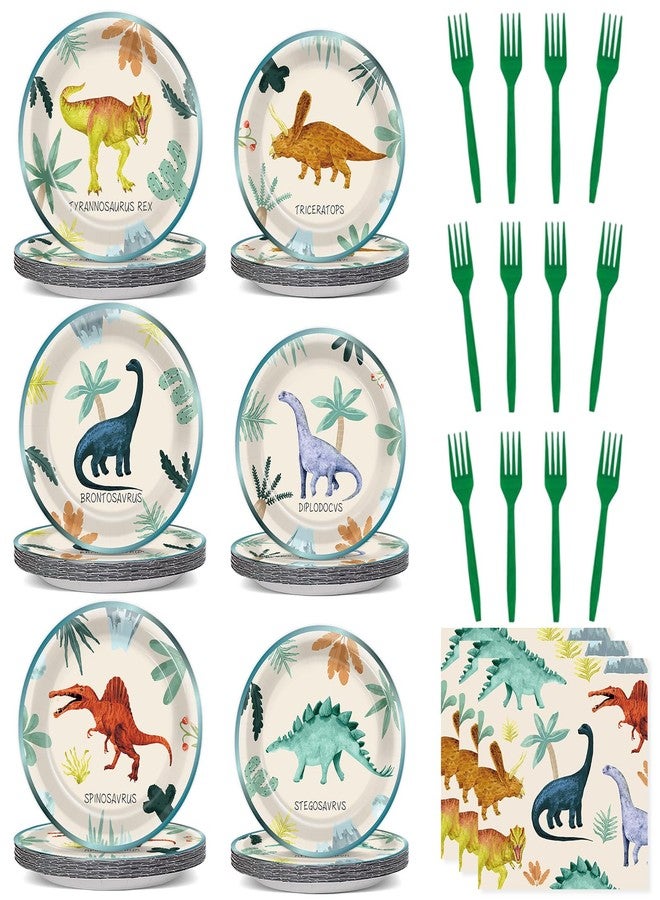 Oitnlaughter 96PCS Dinosaur Birthday Paper Plates Napkins and Forks for Kids Watercolor Dino Party Disposable Supplies Dinosaur Themed Tableware Set for Baby Shower Dino Theme Summer Party Dinnerware Decorations - Image 1