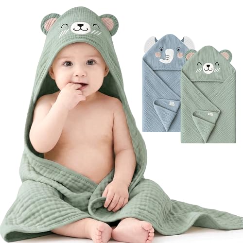 Konssy 2-Pack Muslin Baby Hooded Towels, 100% Cotton, Soft and Absorbent Baby Bath Towels for Newborn, Infant & Toddler with Animal Hooded Design(Bunny & Deer)
