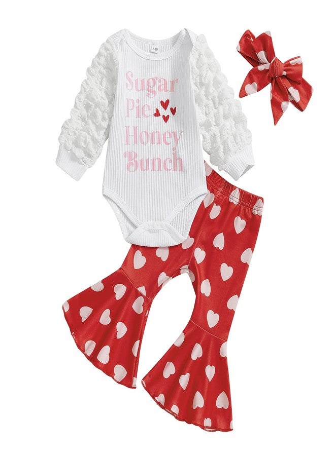 Karuedoo Newborn Baby Girl Valentines Outfit Letter Print Puff Sleeve Romper Heart Bell Bottom Pants Headband 3Pcs Set(White Red, 0-3 Months) - Image 1