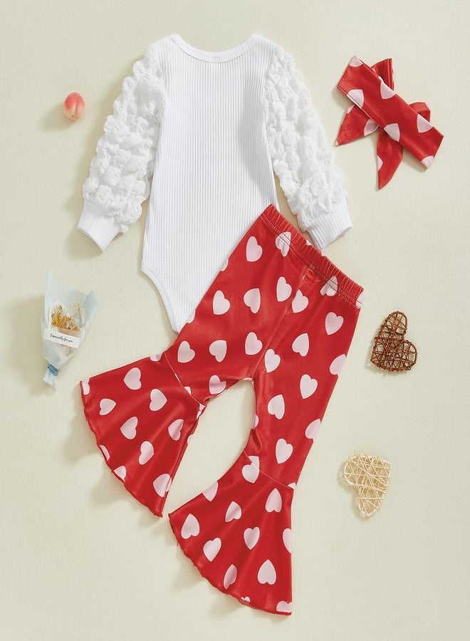 Karuedoo Newborn Baby Girl Valentines Outfit Letter Print Puff Sleeve Romper Heart Bell Bottom Pants Headband 3Pcs Set(White Red, 0-3 Months) - Image 3