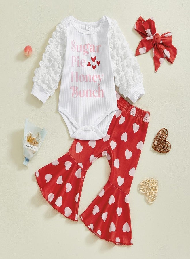 Karuedoo Newborn Baby Girl Valentines Outfit Letter Print Puff Sleeve Romper Heart Bell Bottom Pants Headband 3Pcs Set(White Red, 0-3 Months) - Image 2
