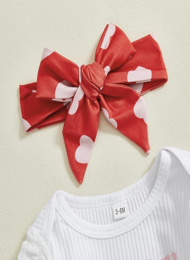 Karuedoo Newborn Baby Girl Valentines Outfit Letter Print Puff Sleeve Romper Heart Bell Bottom Pants Headband 3Pcs Set(White Red, 0-3 Months) - Image 4