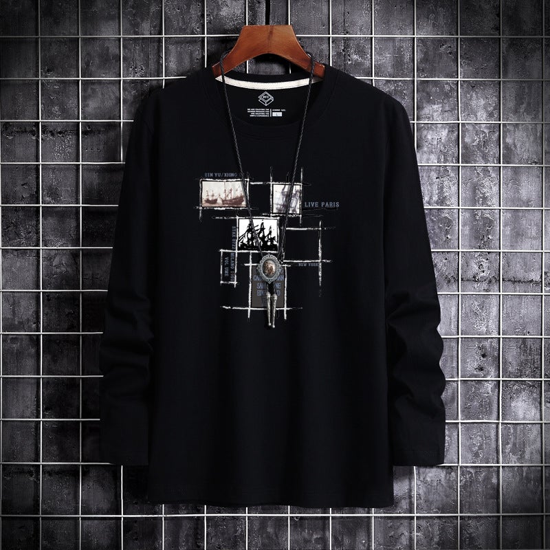 Wholesale T-shirt men's long sleeve new summer T-shirt long sleeve large size Hong Kong style printed bottoming shirt men's fashion brand trend - Image 1