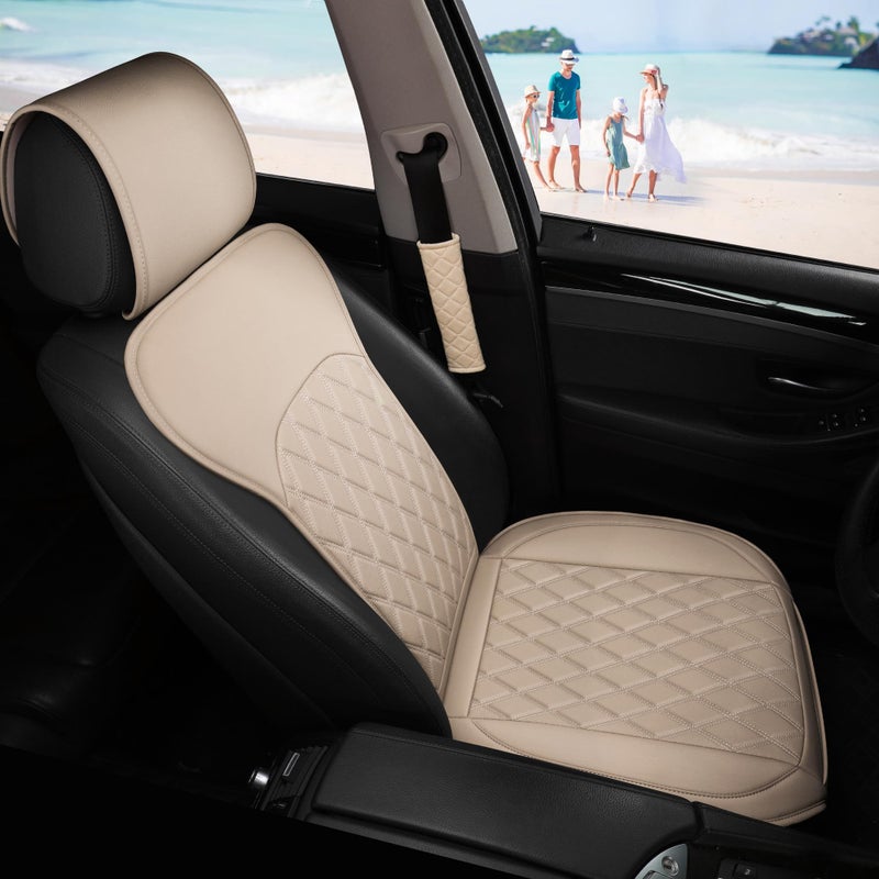 Sanwom Front Car Seat Covers - Leather Seat Covers with Storage Pocket and Two Belt Pads, Anti-Slip Waterproof Universal Seat Covers for Cars Fit Cars Trucks SUV(Beige,2 Pack) - Image 5