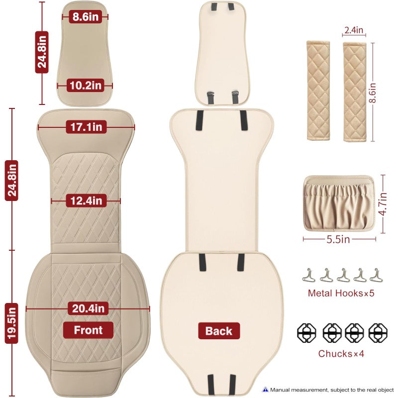 Sanwom Front Car Seat Covers - Leather Seat Covers with Storage Pocket and Two Belt Pads, Anti-Slip Waterproof Universal Seat Covers for Cars Fit Cars Trucks SUV(Beige,2 Pack) - Image 2