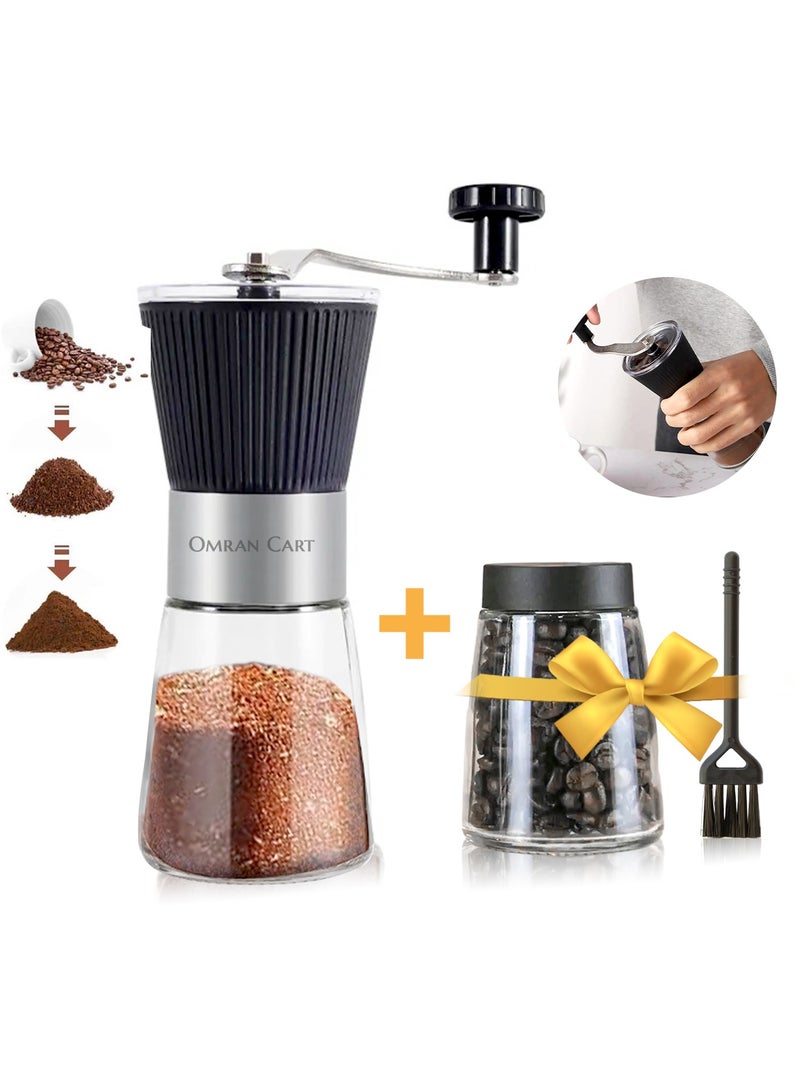 OMRAN CART Manual Coffee Grinder with Glass Jar, Extra Bean Container & Burr Cleaning Brush, Ceramic Burr, Perfect for V60 Pour Over & Espresso Coffee - Image 1