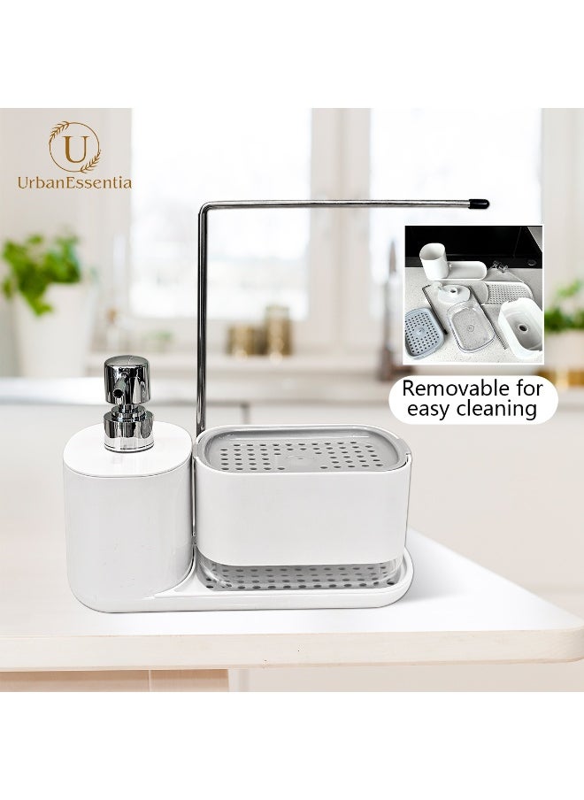 UrbanEssentia - Hand and Dish Soap Dispenser Set for Kitchen, Dual Soap Pump Dispenser with Towel Rack and Sponge Holder, Kitchen Accessories Sink caddy, Kitchen Sink Organizer Storage Rack. - Image 1