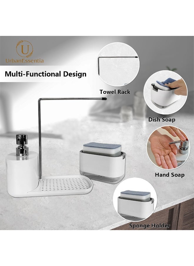 UrbanEssentia - Hand and Dish Soap Dispenser Set for Kitchen, Dual Soap Pump Dispenser with Towel Rack and Sponge Holder, Kitchen Accessories Sink caddy, Kitchen Sink Organizer Storage Rack. - Image 1
