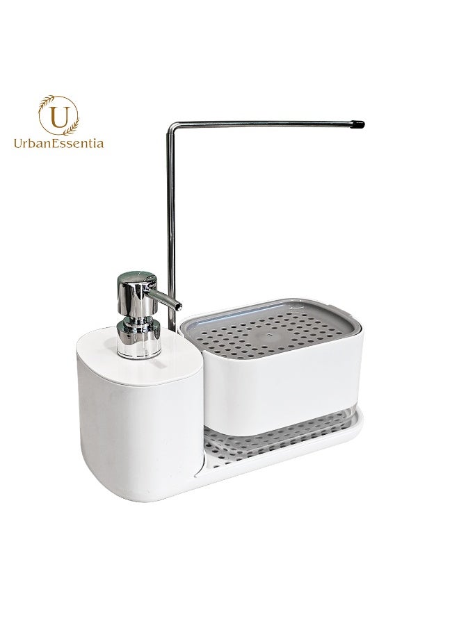 UrbanEssentia - Hand and Dish Soap Dispenser Set for Kitchen, Dual Soap Pump Dispenser with Towel Rack and Sponge Holder, Kitchen Accessories Sink caddy, Kitchen Sink Organizer Storage Rack. - Image 1