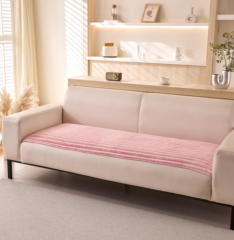 House of Quirk 3D Striped Rabbit Plush Soft Sofa Mat Anti-Slip Fuzzy Plush Furry Washable Furniture Protector (4 Seater, Pink, 70x210cm) - Image 3