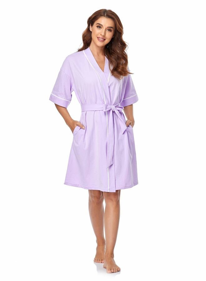 COLORFULLEAF Women's 100% Cotton Short Robes Summer Lightweight Kimono Robe Soft Spa Knit Bathrobe Sleepwear for Ladies, Purple, XL - Image 2