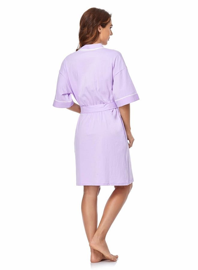 COLORFULLEAF Women's 100% Cotton Short Robes Summer Lightweight Kimono Robe Soft Spa Knit Bathrobe Sleepwear for Ladies, Purple, XL - Image 4