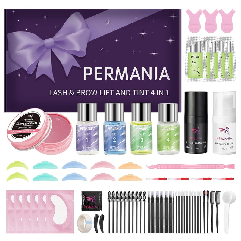 PERMANIA Lash Perm and Black KitSalon Grade Supplies for Eyelash Lift and Brow Lamination Black Tint with Lash Lift Balm 4 IN 1 Fast Quick Curling  Coloring Natural Result Hair Color Developers