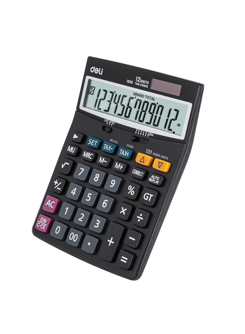 ديلي E1630 آلة حاسبة 12 رقم - طاقة شمسية/LR44، وظيفة الضرائب و120 خطوة تحقق، أسود - مثالية للمحاسبين، المكاتب، والمهام المالية - Image 3