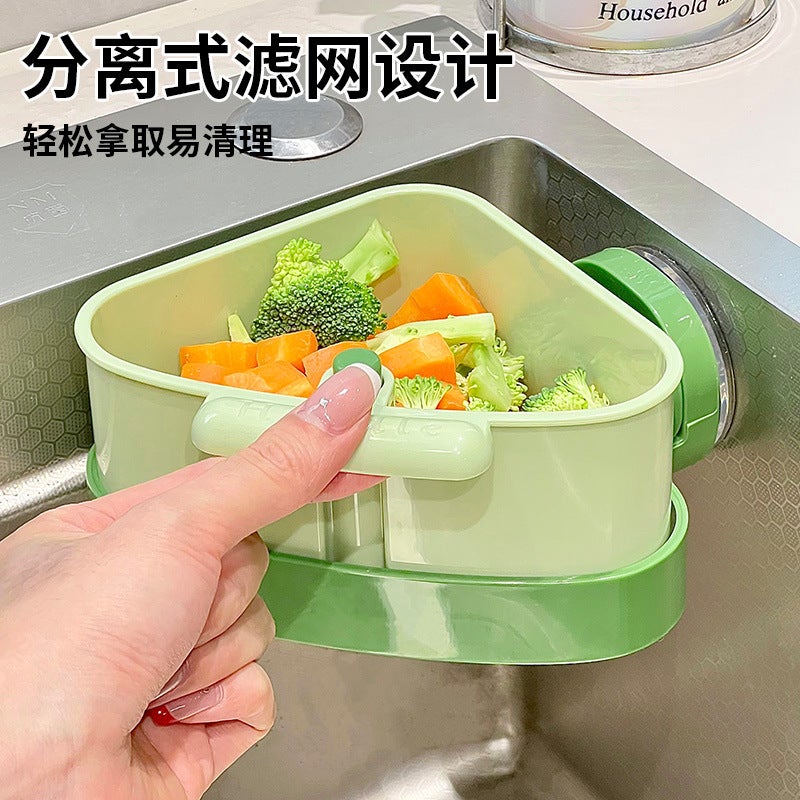 Triangular Suction Cup Sink Strainer Basket, Kitchen Fruit Washing and Food Residue Filter, Hangable - Image 2