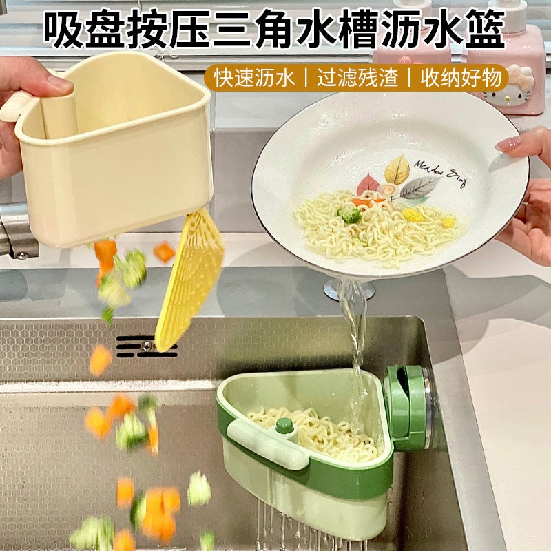 Triangular Suction Cup Sink Strainer Basket, Kitchen Fruit Washing and Food Residue Filter, Hangable - Image 1
