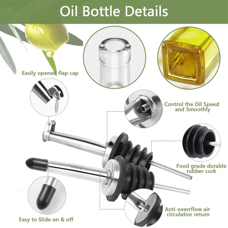 Leaflai Olive Oil Dispenser Bottle, 2 Pcs Glass Olive Oil Dispenser and Vinegar Dispenser Set with 2 Stainless Steel Pourers, 4 Labels,1 Brush and 1 Funnel Oil Bottles for Kitchen (500ml) - Image 2