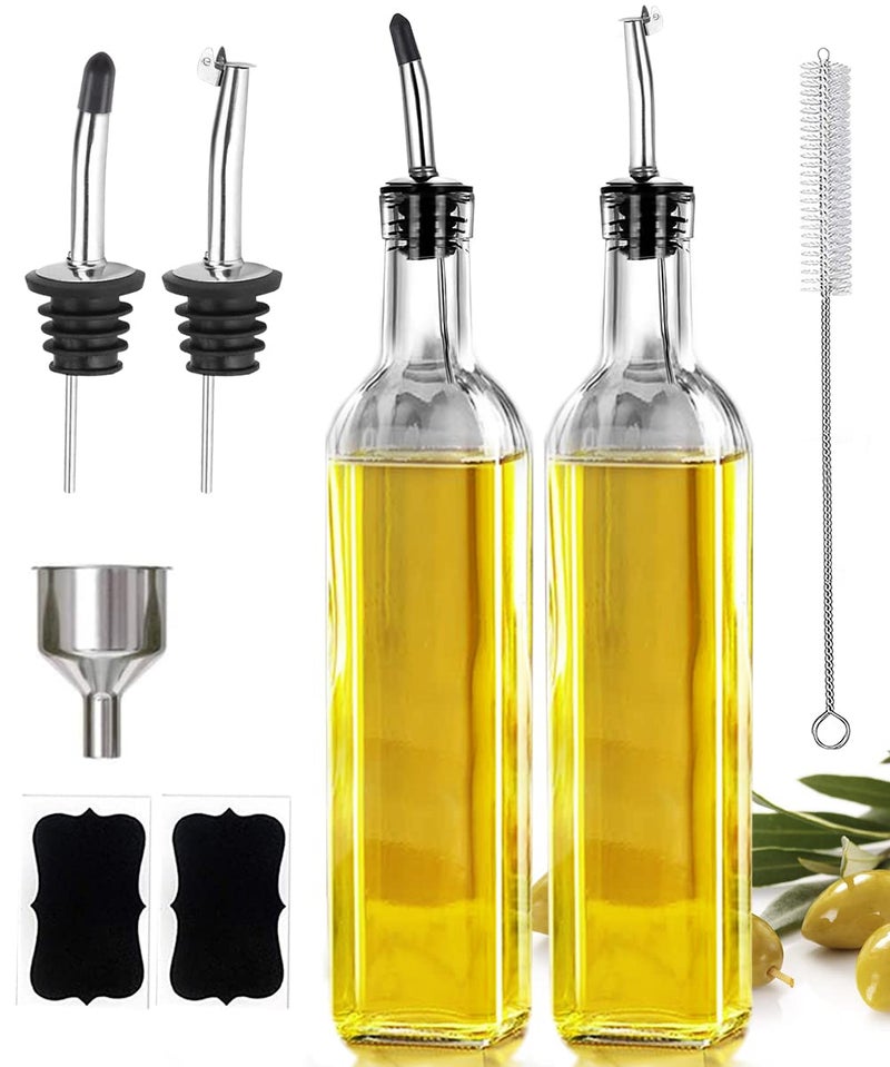 Leaflai Olive Oil Dispenser Bottle, 2 Pcs Glass Olive Oil Dispenser and Vinegar Dispenser Set with 2 Stainless Steel Pourers, 4 Labels,1 Brush and 1 Funnel Oil Bottles for Kitchen (500ml) - Image 1