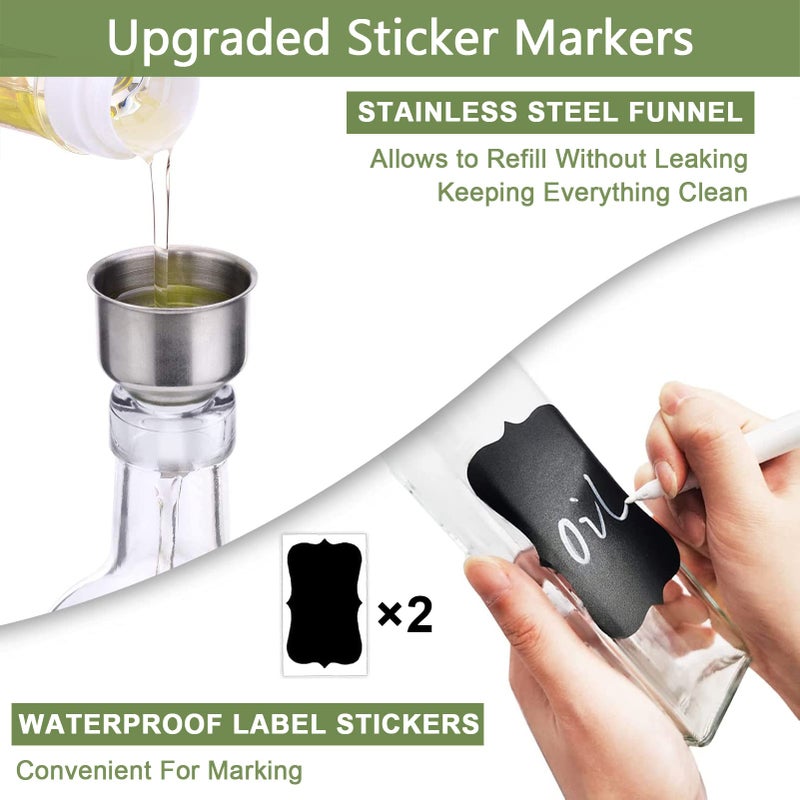 Leaflai Olive Oil Dispenser Bottle, 2 Pcs Glass Olive Oil Dispenser and Vinegar Dispenser Set with 2 Stainless Steel Pourers, 4 Labels,1 Brush and 1 Funnel Oil Bottles for Kitchen (500ml) - Image 5
