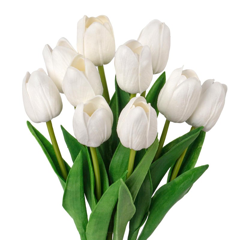 VaryFloral 10Pcs White Fake Tulips Faux Tulips with Stems Artificial Flowers for Decoration White Fake Flowers Spring Bouquet for Home Decor Wedding Bridal Party - Image 1
