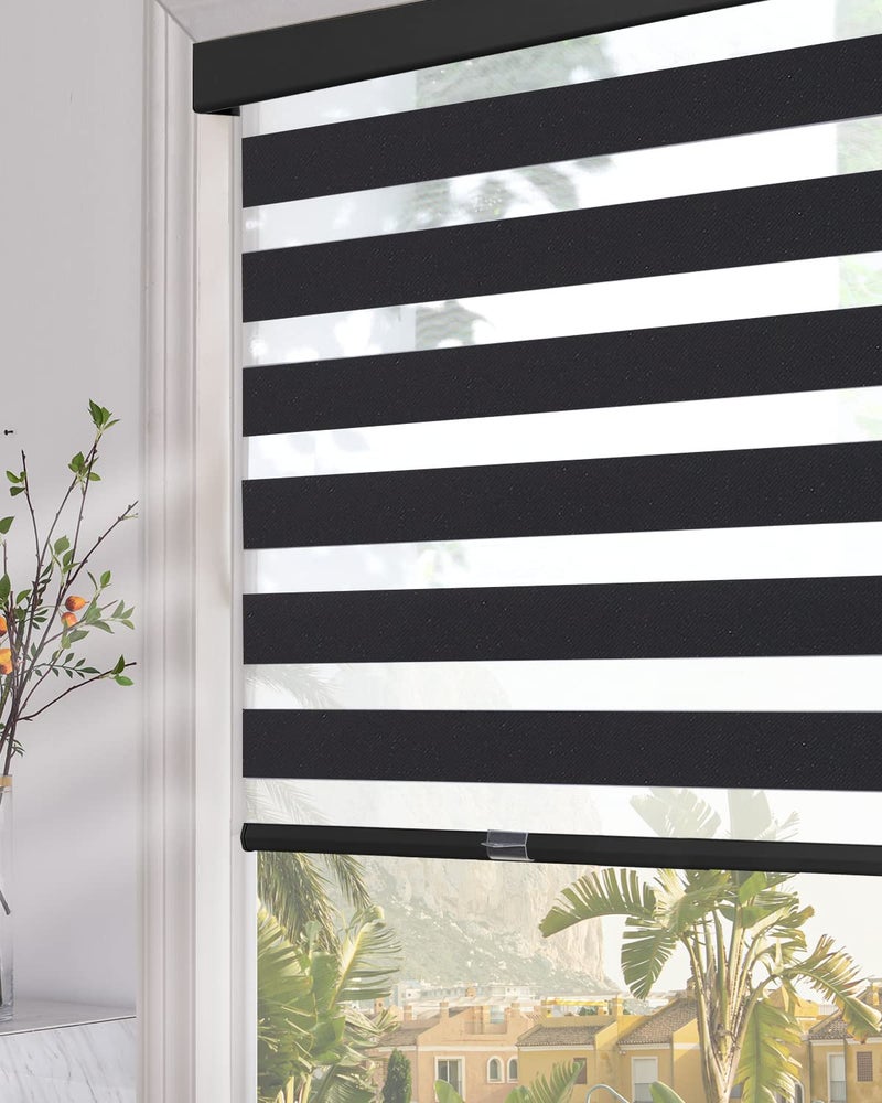 Persilux Cordless Zebra Blinds for Windows (34" W x 64" H, Black) with Upgraded Cassette Room Darkening Dual Layers Sheer Shades Thermal Insulated Window Roller Blinds for Home - Image 1