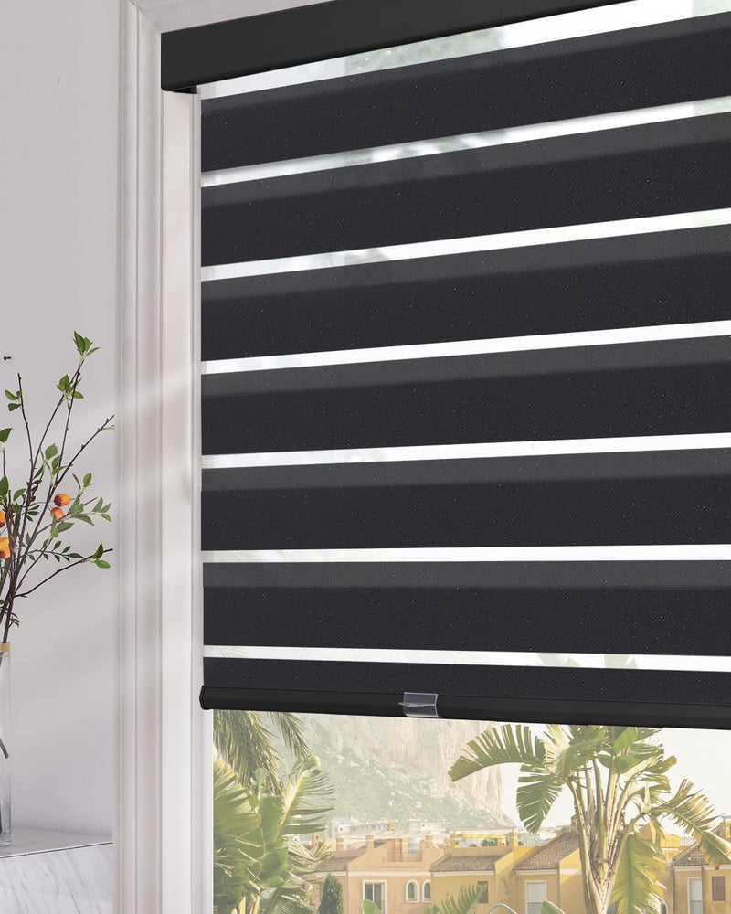 Persilux Cordless Zebra Blinds for Windows (34" W x 64" H, Black) with Upgraded Cassette Room Darkening Dual Layers Sheer Shades Thermal Insulated Window Roller Blinds for Home - Image 2
