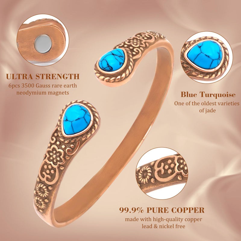 JEROOT Copper Bracelets for Women, Magnetic Bracelets for Women, 99.99% Pure Copper Cuff Bangle with 3500 Gauss Magnets, Turquoise, Vintage Flower Bracelets - Image 2