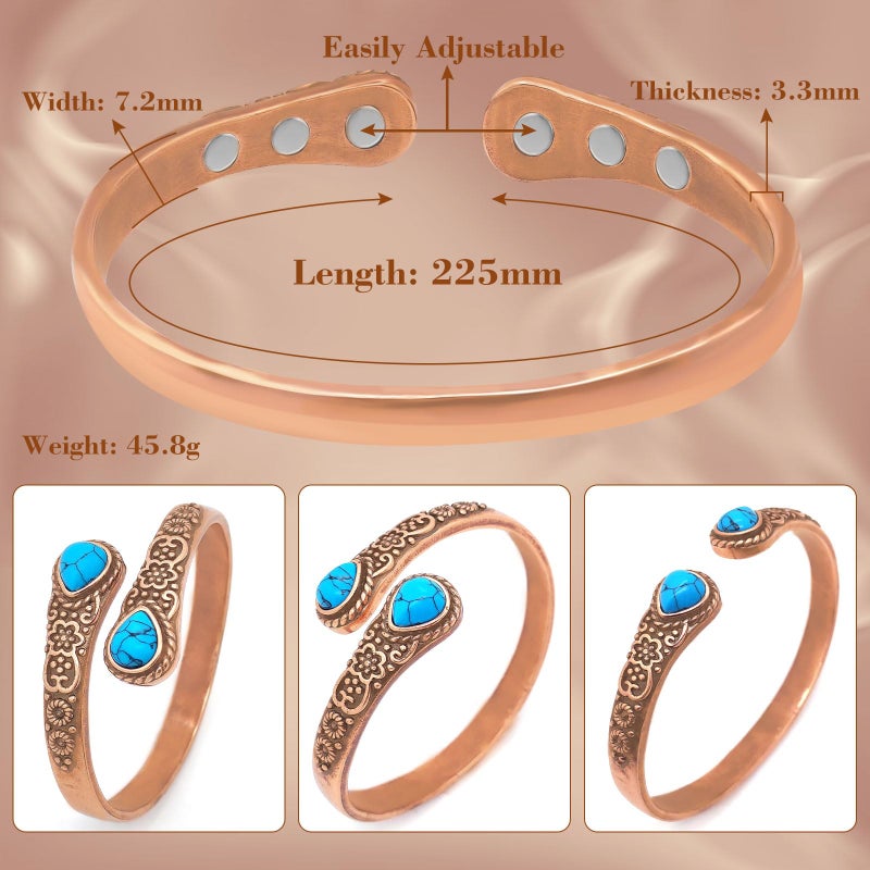 JEROOT Copper Bracelets for Women, Magnetic Bracelets for Women, 99.99% Pure Copper Cuff Bangle with 3500 Gauss Magnets, Turquoise, Vintage Flower Bracelets - Image 3