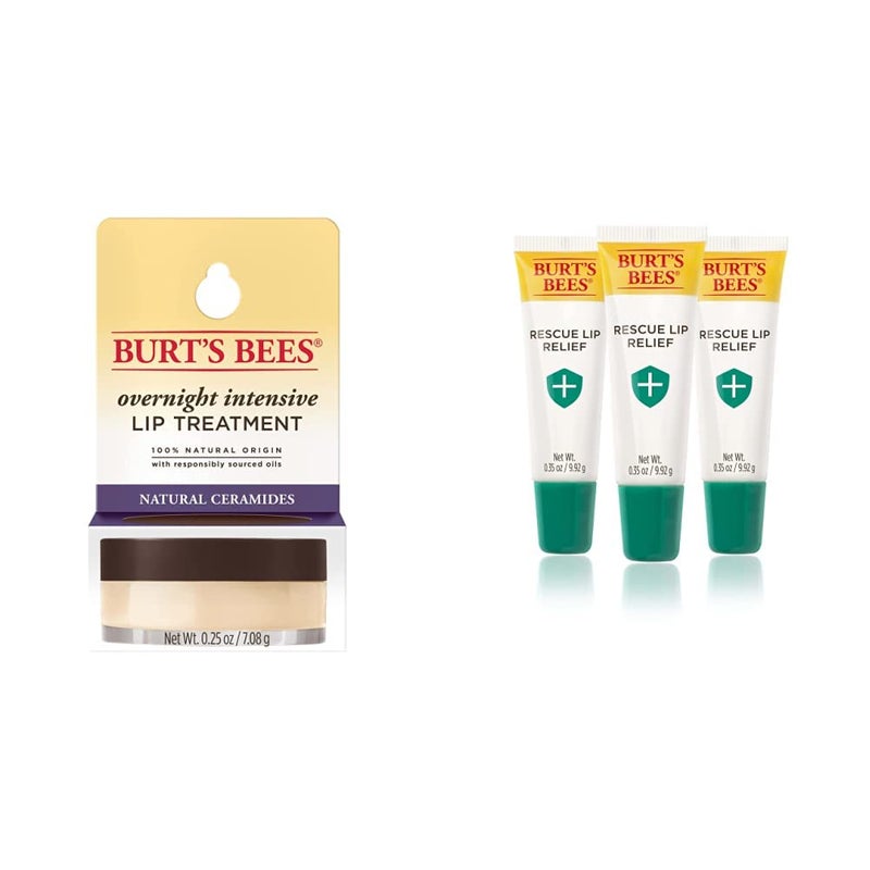 Burts Bees Overnight Lip Sleeping Mask and Rescue Lip Relief Lip Balm Bundle 3 Pack