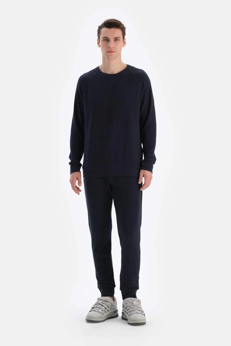 dagi Navy Blue Crew Neck Long Sleeve Waffle Sweatshirt