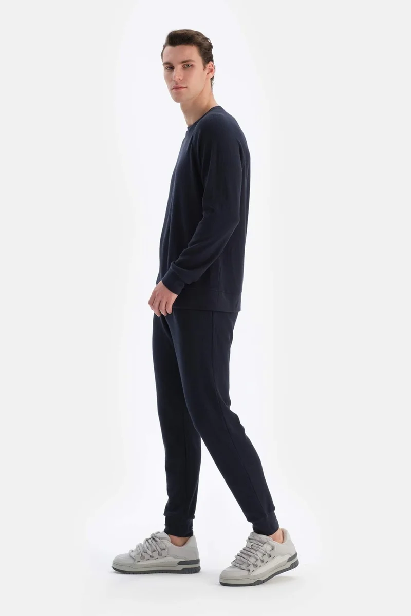 dagi Navy Blue Crew Neck Long Sleeve Waffle Sweatshirt