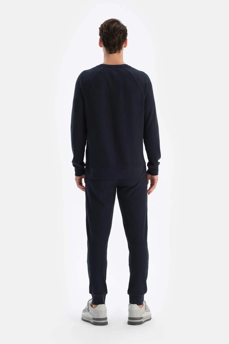 dagi Navy Blue Crew Neck Long Sleeve Waffle Sweatshirt