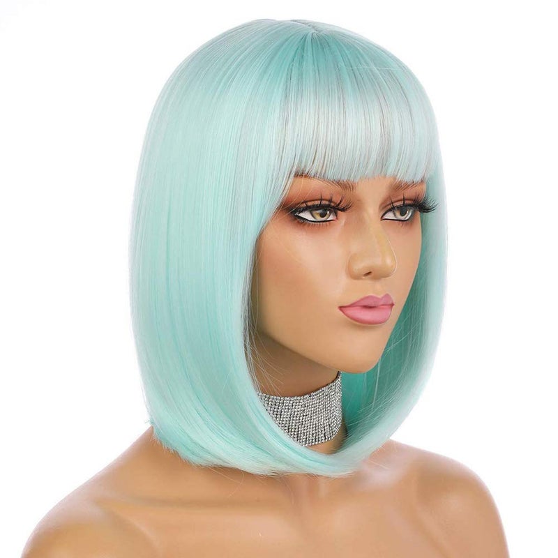 eNilecor Short Bob Hair Wigs 12 Straight with Flat Bangs Synthetic Colorful Cosplay Daily Party Wig for Women Natural As Real Hair Free Wig Cap Mint Green
