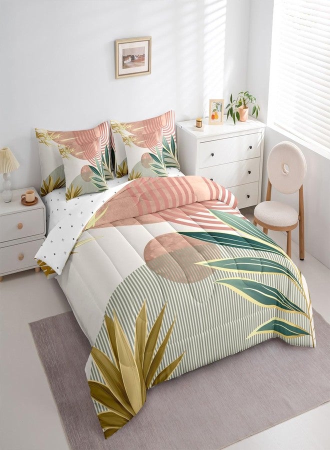 Erosebridal طقم لحاف إيروسبريدال 7 قطع بتصميم بوهيمي من منتصف القرن، مقاس كوين، بتصميم تجريدي بسيط، طقم مفروشات للنساء، طقم سرير بوهيمي عصري، لحاف بسيط مع شرشف مسطح، وردي وأخضر - Image 4