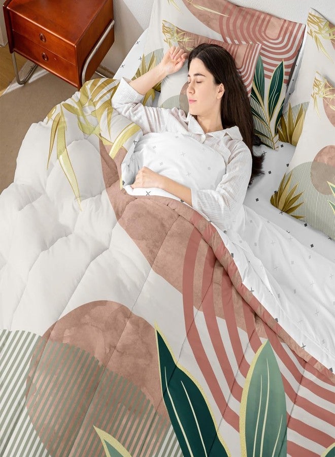 Erosebridal طقم لحاف إيروسبريدال 7 قطع بتصميم بوهيمي من منتصف القرن، مقاس كوين، بتصميم تجريدي بسيط، طقم مفروشات للنساء، طقم سرير بوهيمي عصري، لحاف بسيط مع شرشف مسطح، وردي وأخضر - Image 3