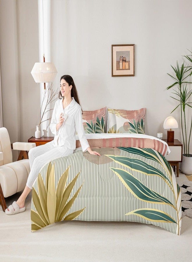 Erosebridal طقم لحاف إيروسبريدال 7 قطع بتصميم بوهيمي من منتصف القرن، مقاس كوين، بتصميم تجريدي بسيط، طقم مفروشات للنساء، طقم سرير بوهيمي عصري، لحاف بسيط مع شرشف مسطح، وردي وأخضر - Image 2
