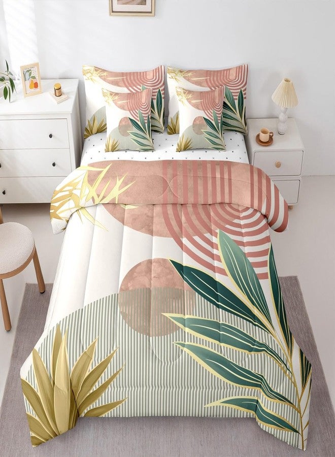 Erosebridal طقم لحاف إيروسبريدال 7 قطع بتصميم بوهيمي من منتصف القرن، مقاس كوين، بتصميم تجريدي بسيط، طقم مفروشات للنساء، طقم سرير بوهيمي عصري، لحاف بسيط مع شرشف مسطح، وردي وأخضر - Image 1