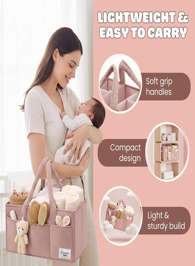 OCEANEVO Cute Fur Diaper Caddy Organizer Bag WITH Luggage Tag AND Bear Charm, Baby Basket Essentials for Newborn Baby Products Storage with Compartments and Handle - 38 x 25 x 18 cm - Model 3 – Pink - Image 4