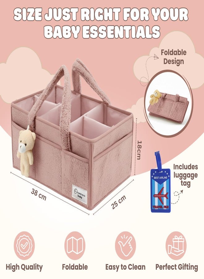OCEANEVO Cute Fur Diaper Caddy Organizer Bag WITH Luggage Tag AND Bear Charm, Baby Basket Essentials for Newborn Baby Products Storage with Compartments and Handle - 38 x 25 x 18 cm - Model 3 – Pink - Image 2