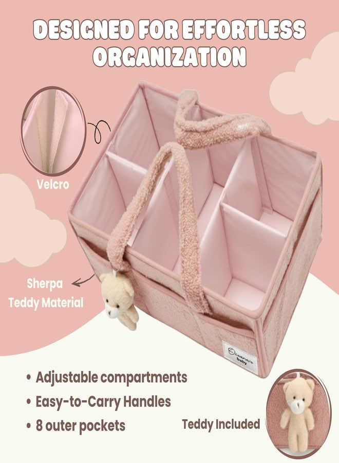 OCEANEVO Cute Fur Diaper Caddy Organizer Bag WITH Luggage Tag AND Bear Charm, Baby Basket Essentials for Newborn Baby Products Storage with Compartments and Handle - 38 x 25 x 18 cm - Model 3 – Pink - Image 3