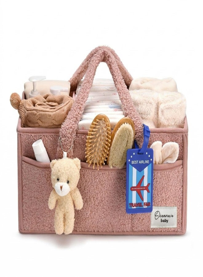 OCEANEVO Cute Fur Diaper Caddy Organizer Bag WITH Luggage Tag AND Bear Charm, Baby Basket Essentials for Newborn Baby Products Storage with Compartments and Handle - 38 x 25 x 18 cm - Model 3 – Pink - Image 1
