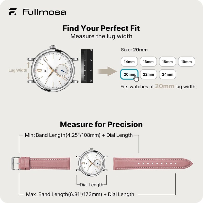 Fullmosa Watch Strap, Genuine Leather Watch Straps with Stainless Metal Clasp, Quick Release Replacement Bands, 14mm 16mm 18mm 19mm 20mm 22mm 24mm, Pink - Image 5