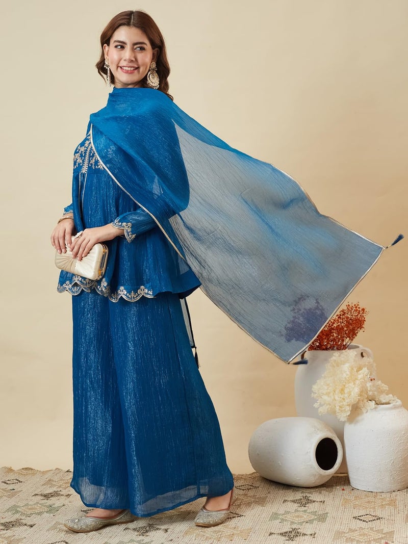 MOKOSH Women's Silk Royal Blue Embroidered Peplum Sharara Set with Dupatta | Ethnic Suit Sharara Set for Haldi and Wedding - Image 5