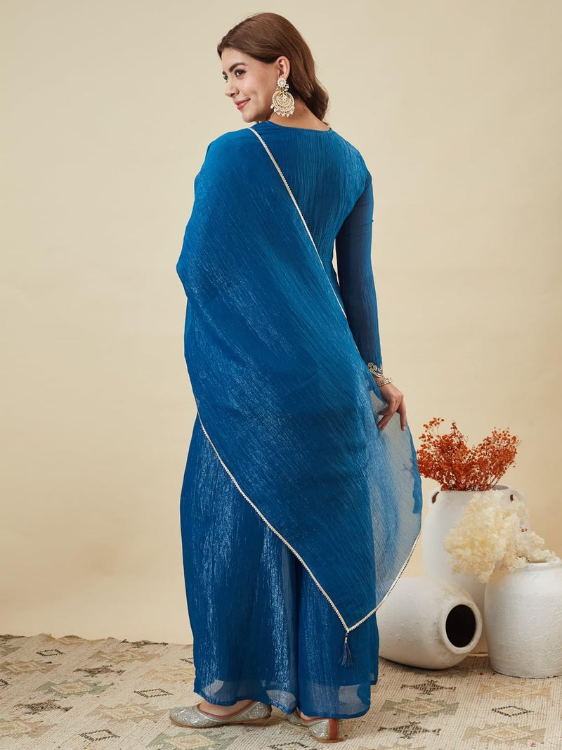 MOKOSH Women's Silk Royal Blue Embroidered Peplum Sharara Set with Dupatta | Ethnic Suit Sharara Set for Haldi and Wedding - Image 4