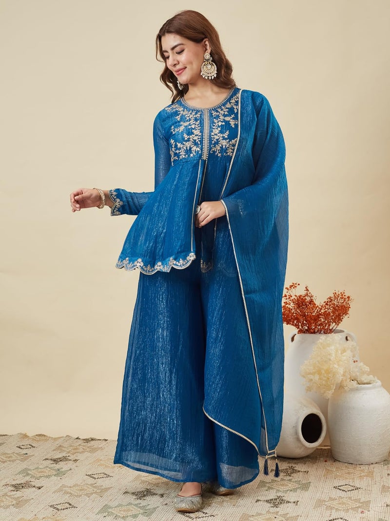 MOKOSH Women's Silk Royal Blue Embroidered Peplum Sharara Set with Dupatta | Ethnic Suit Sharara Set for Haldi and Wedding - Image 3