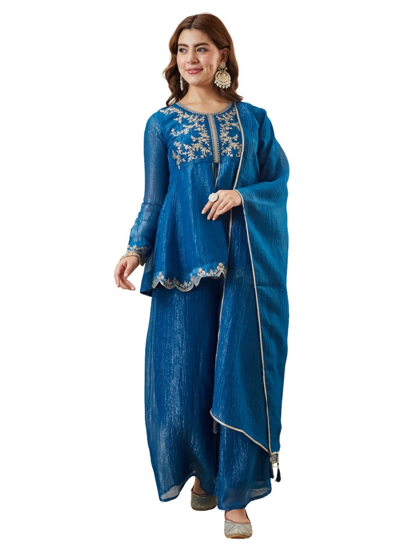 MOKOSH Women's Silk Royal Blue Embroidered Peplum Sharara Set with Dupatta | Ethnic Suit Sharara Set for Haldi and Wedding - Image 1