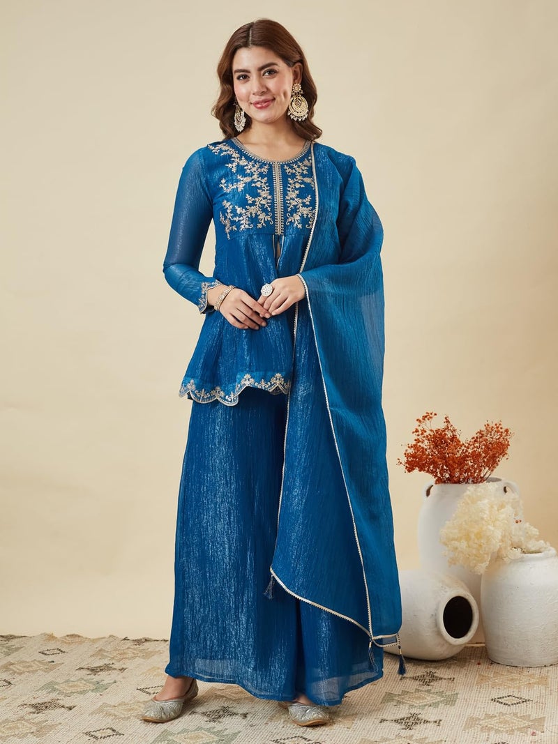 MOKOSH Women's Silk Royal Blue Embroidered Peplum Sharara Set with Dupatta | Ethnic Suit Sharara Set for Haldi and Wedding - Image 2